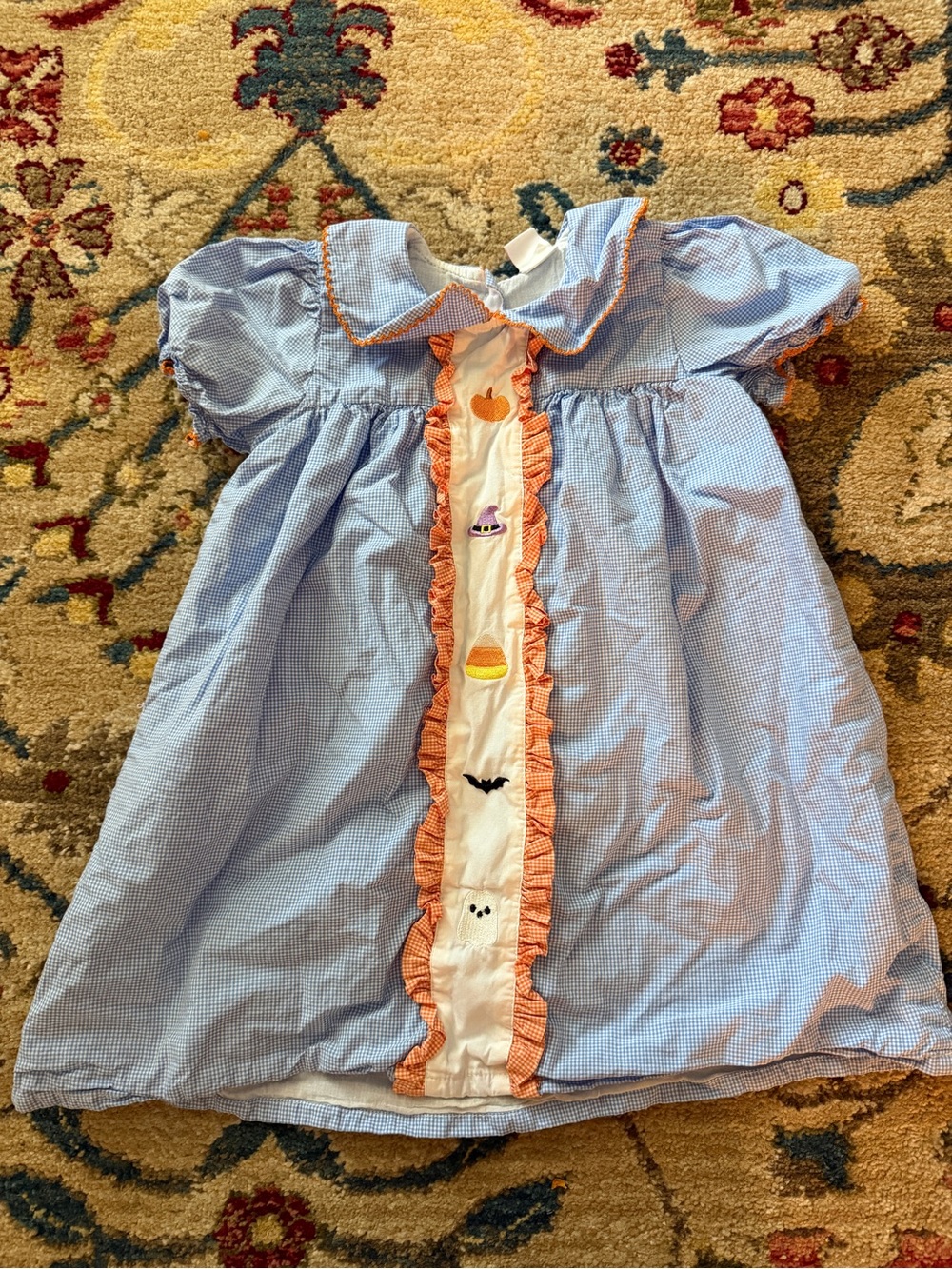 Light Blue Gingham Ruffle Front Kids Dress with Orange Trim